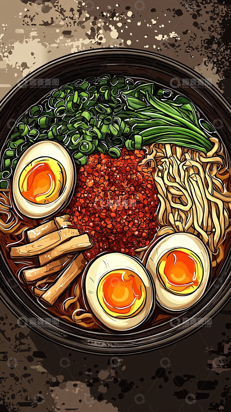 高清大图下载【趣麦麦图】拉面碗插画艺术图