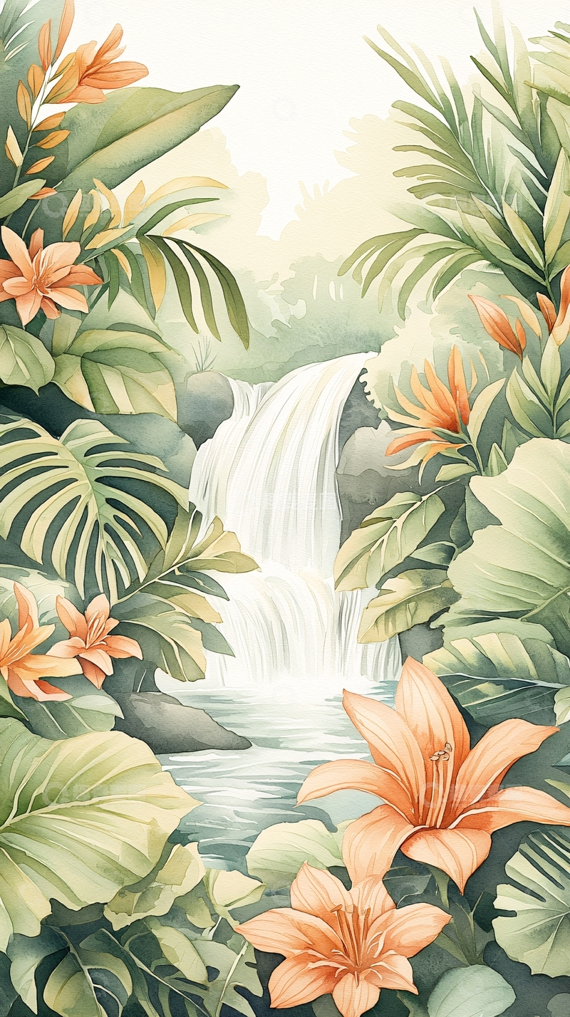 高清大图下载【趣麦麦图】热带雨林瀑布与橙花