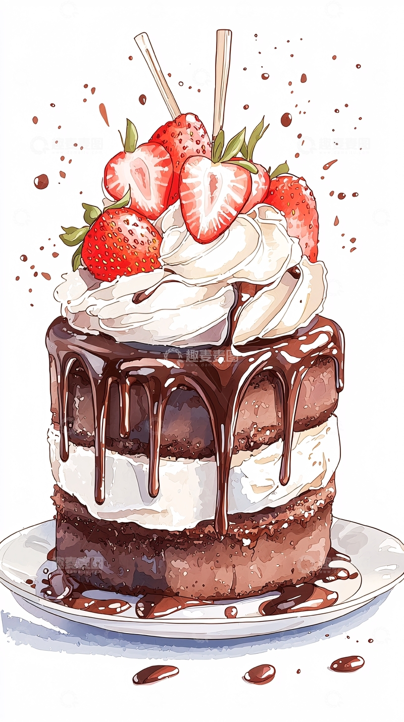 高清大图下载【趣麦麦图】巧克力蛋糕草莓装饰插画