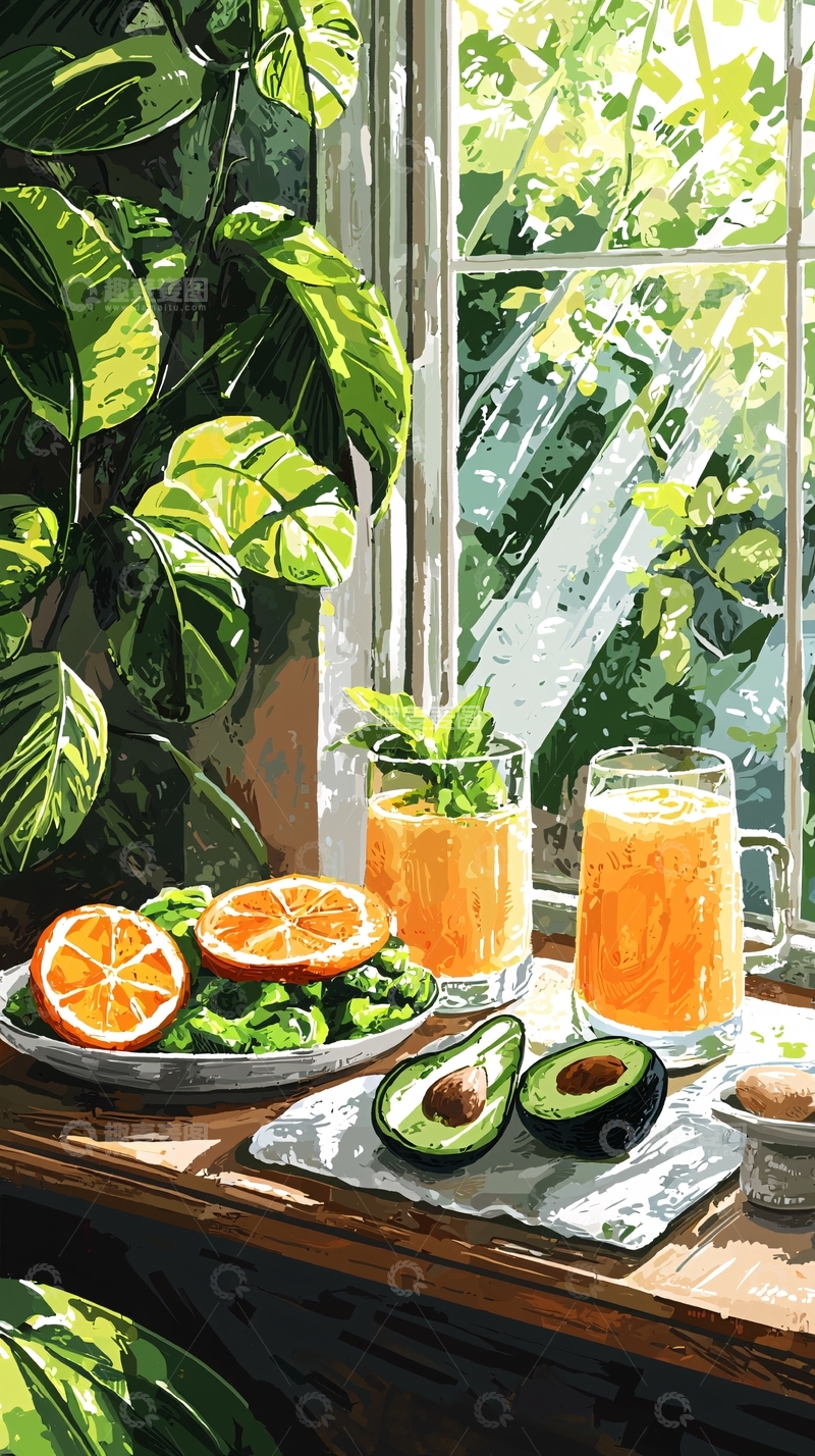 高清大图下载【趣麦麦图】阳光窗台上的健康饮品与水果
