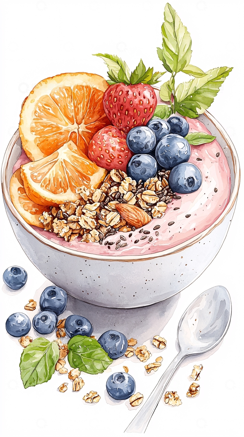 高清大图下载【趣麦麦图】健康早餐水果酸奶碗插画