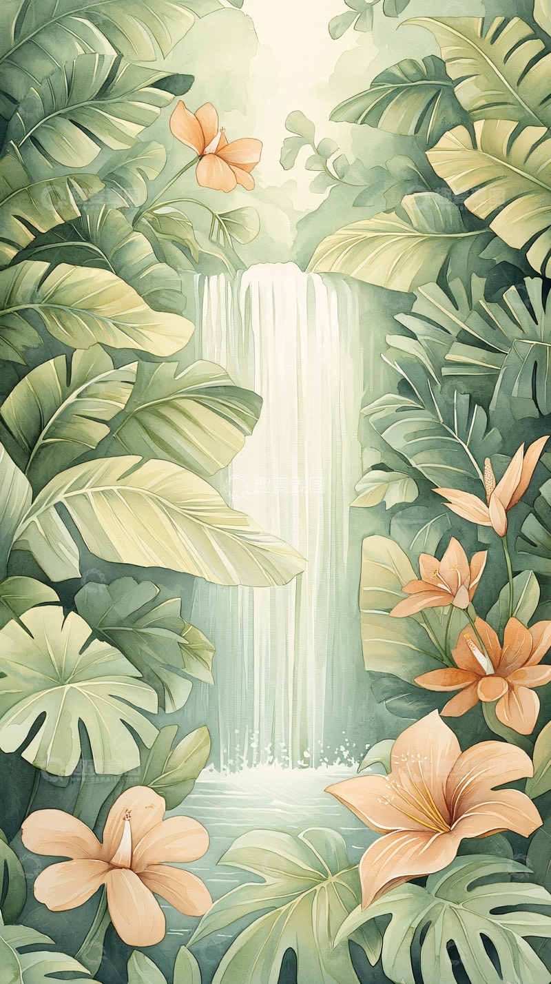 高清大图下载【趣麦麦图】热带雨林瀑布与花卉