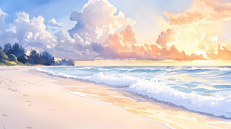 高清大图下载【趣麦麦图】日落海滩水彩画