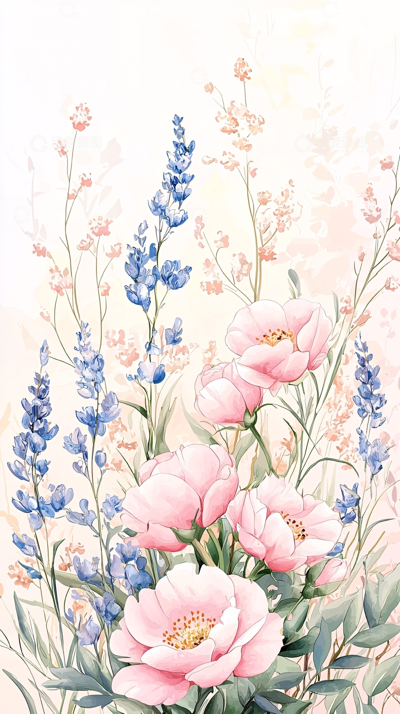 高清大图下载【趣麦麦图】粉色花朵与薰衣草背景插画