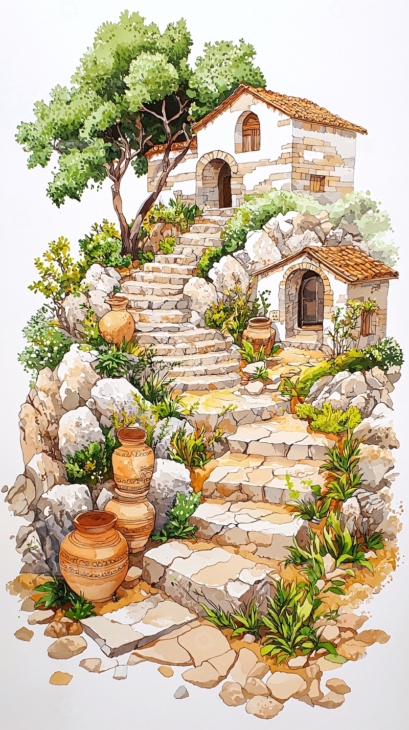 高清大图下载【趣麦麦图】石阶上的小屋与陶罐