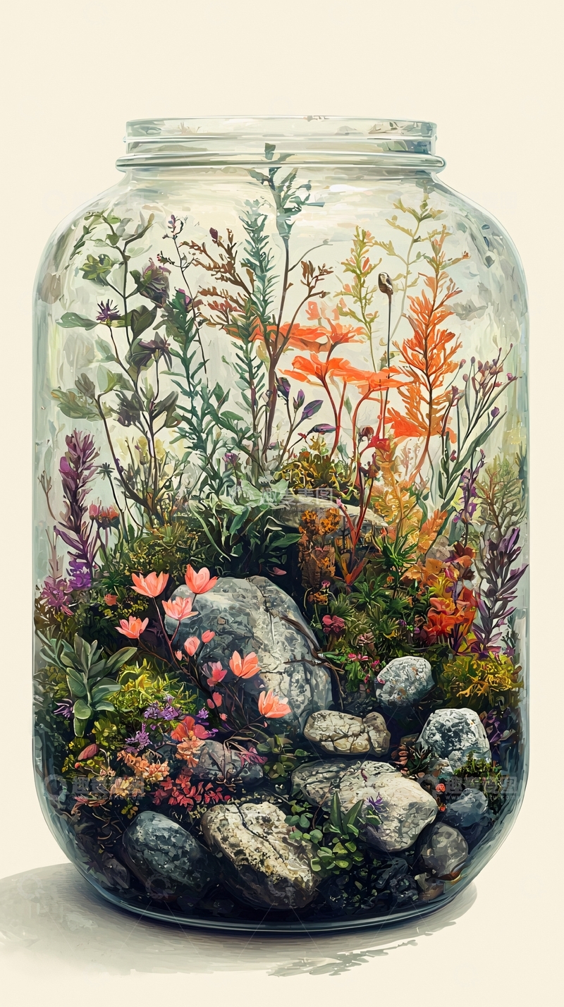 高清大图下载【趣麦麦图】玻璃罐中的微型花园