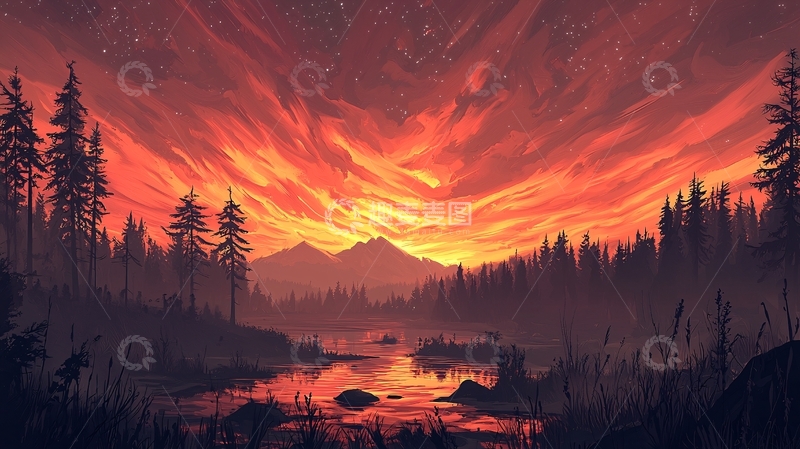 高清大图下载【趣麦麦图】秋日森林湖畔夕阳美景