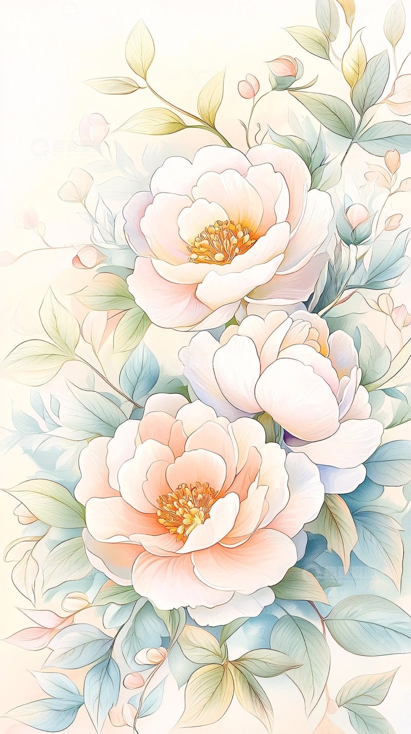 高清大图下载【趣麦麦图】淡雅花卉手绘插画背景图