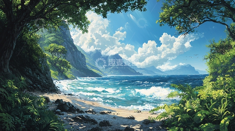 高清大图下载【趣麦麦图】海边沙滩与山脉风景