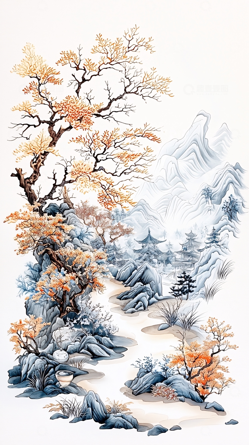 高清大图下载【趣麦麦图】秋日山水画风景图