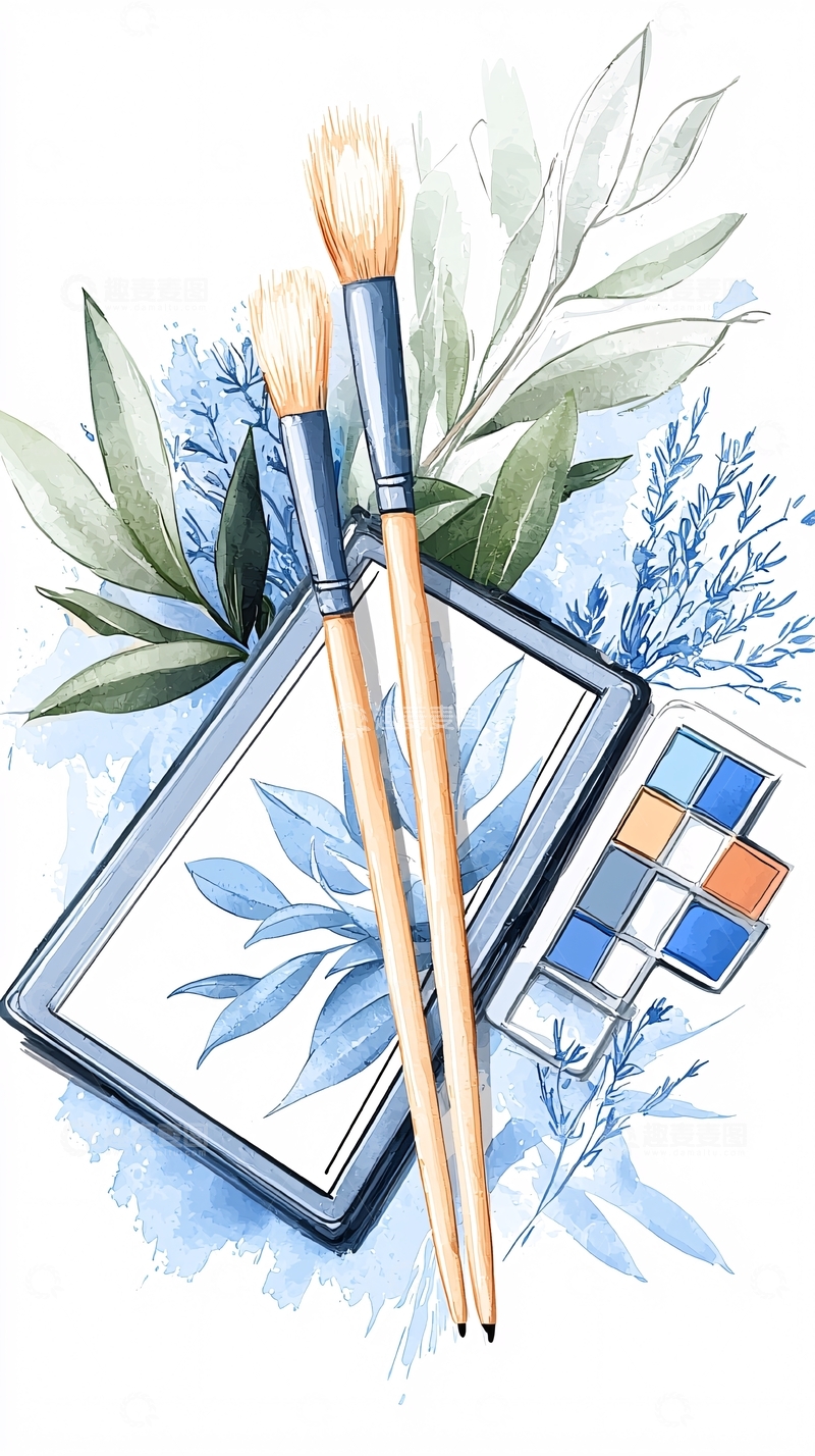 高清大图下载【趣麦麦图】水彩画笔与颜料盒插画素材