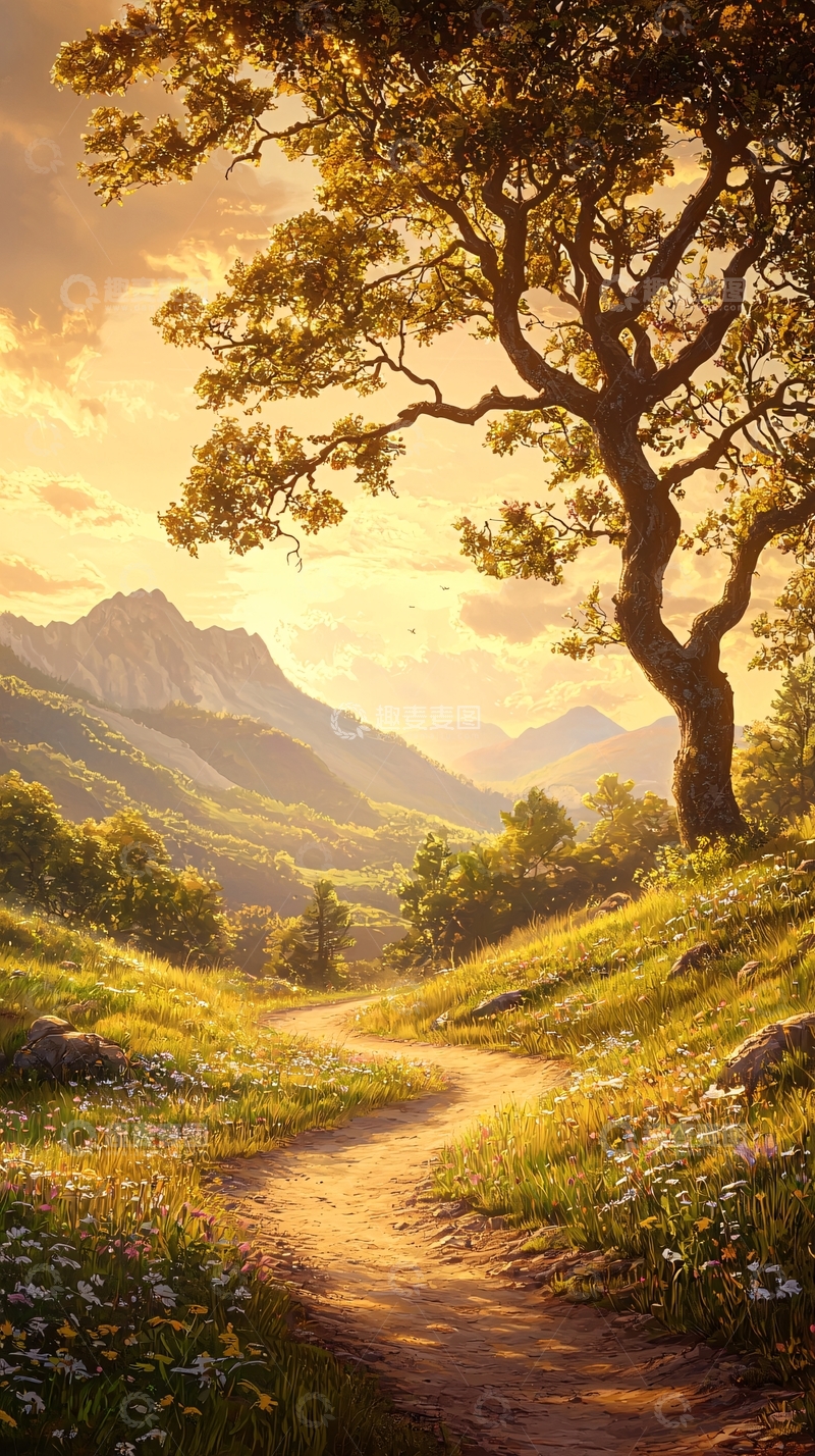 高清大图下载【趣麦麦图】夕阳下的山间小径