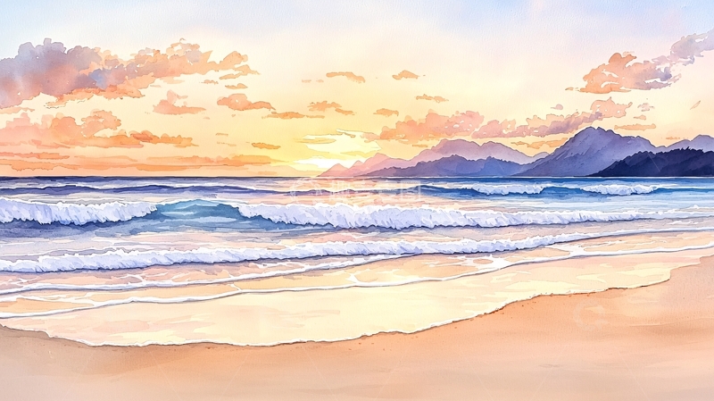 高清大图下载【趣麦麦图】日落海滩风景画