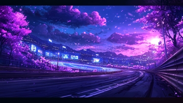 夜晚赛道樱花盛开