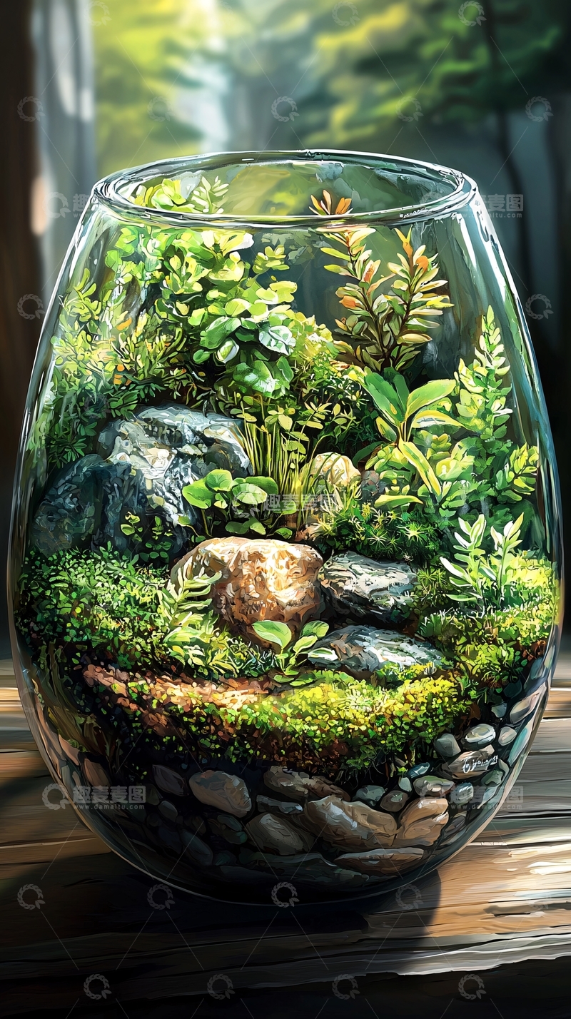 高清大图下载【趣麦麦图】玻璃瓶中的微型森林景观