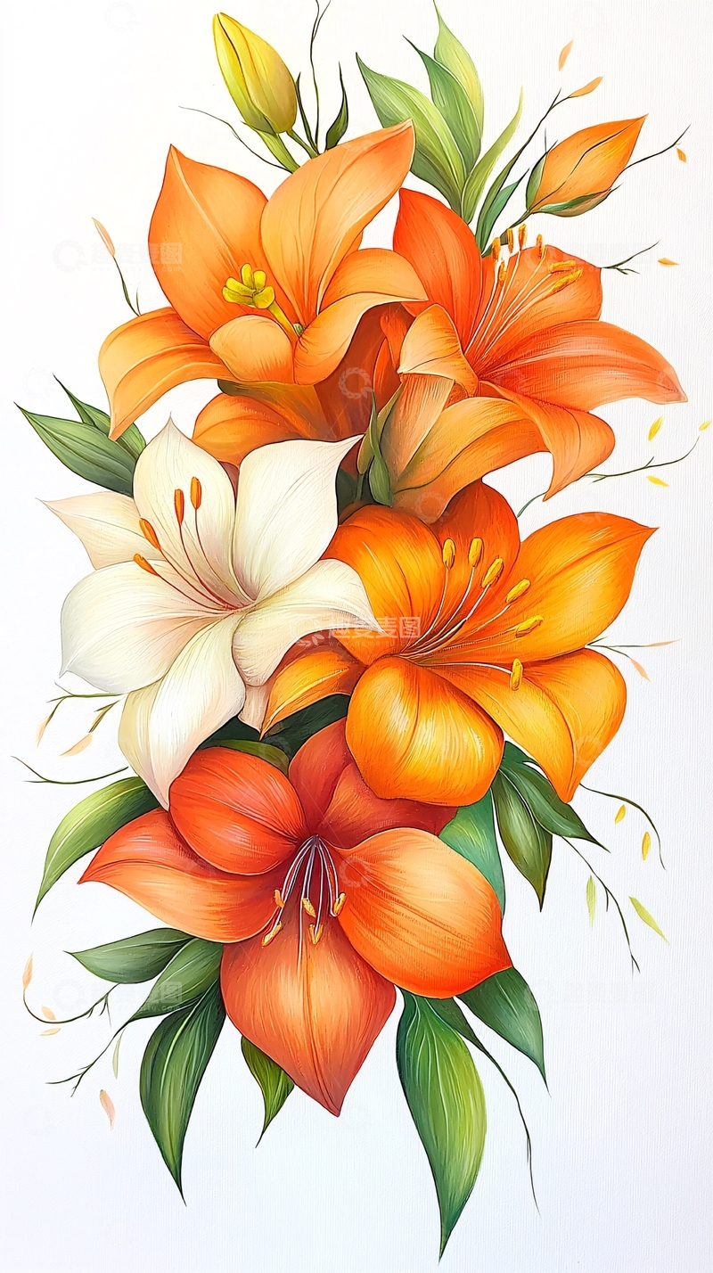 高清大图下载【趣麦麦图】橙色百合花束插画素材