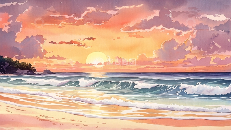 高清大图下载【趣麦麦图】日落海滩海浪沙滩风景