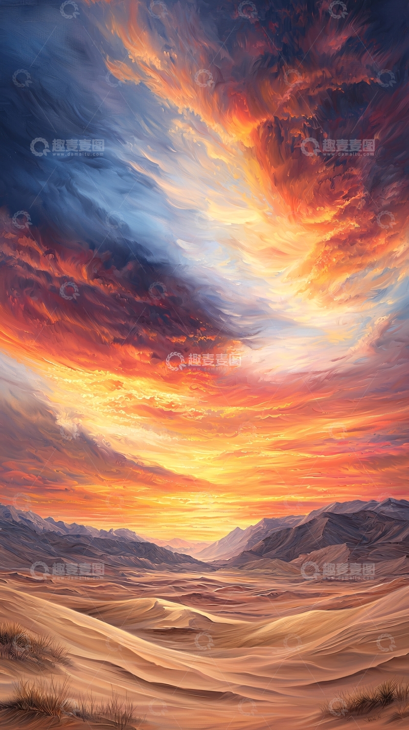 高清大图下载【趣麦麦图】沙漠日落油画风景