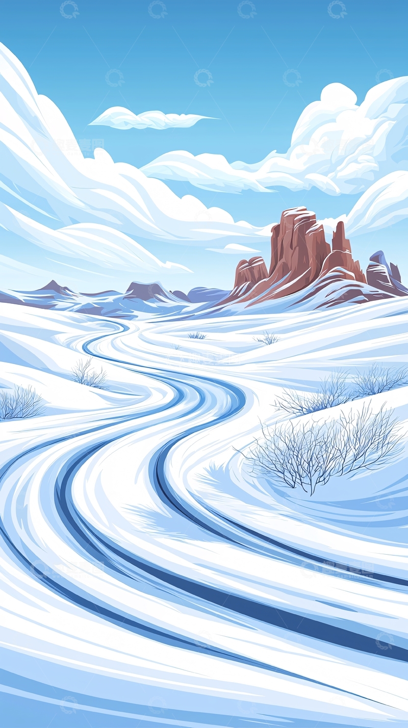 高清大图下载【趣麦麦图】雪地山川风景插画