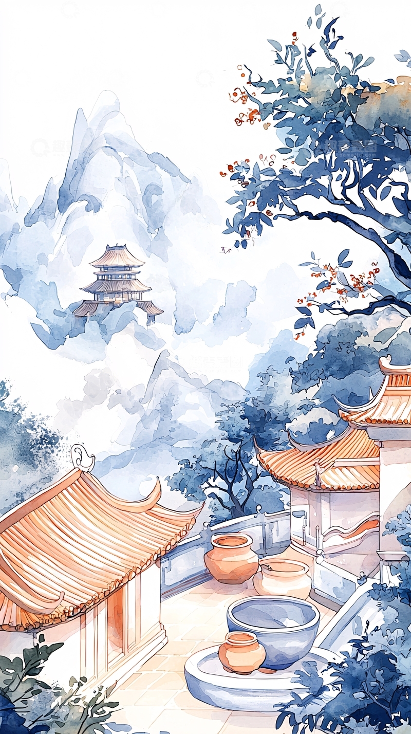 高清大图下载【趣麦麦图】古风庭院山水画