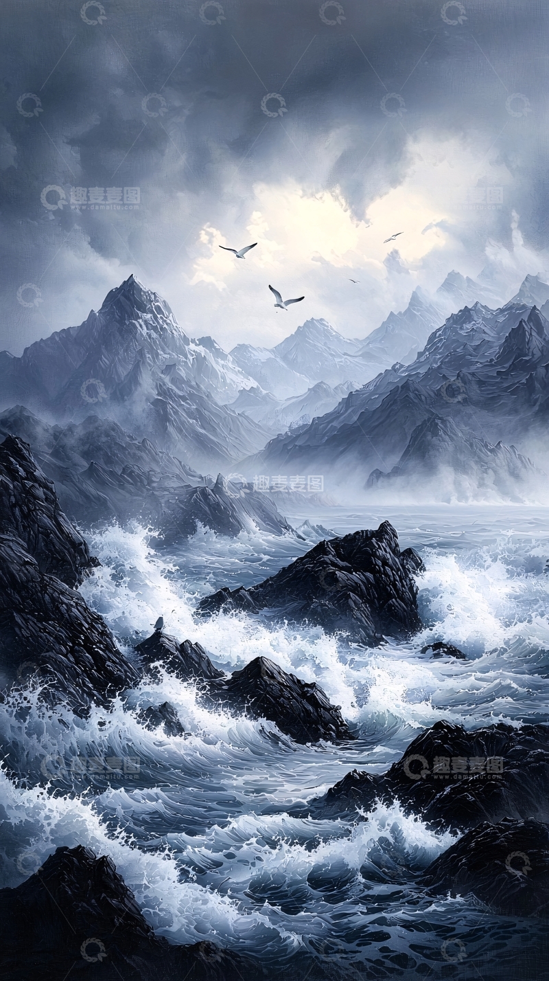 高清大图下载【趣麦麦图】狂风巨浪中的山海画卷