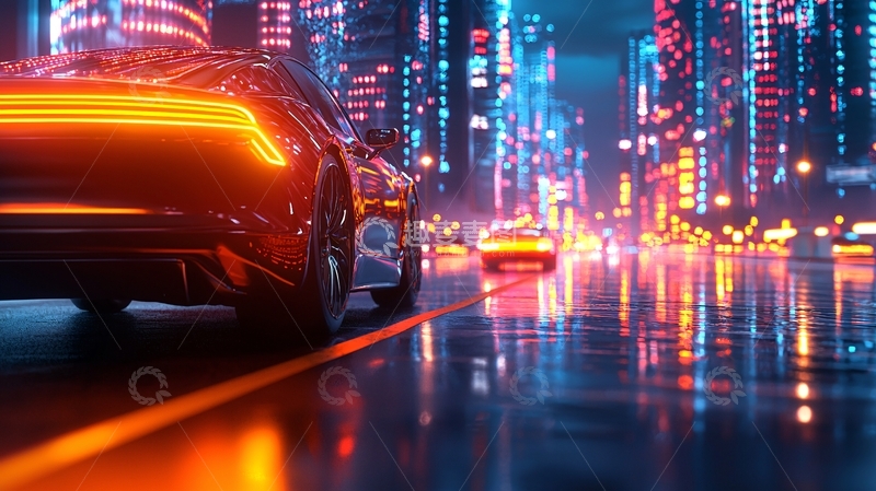 高清大图下载【趣麦麦图】霓虹城市夜景跑车