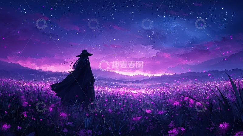 高清大图下载【趣麦麦图】紫色田野上的神秘旅人
