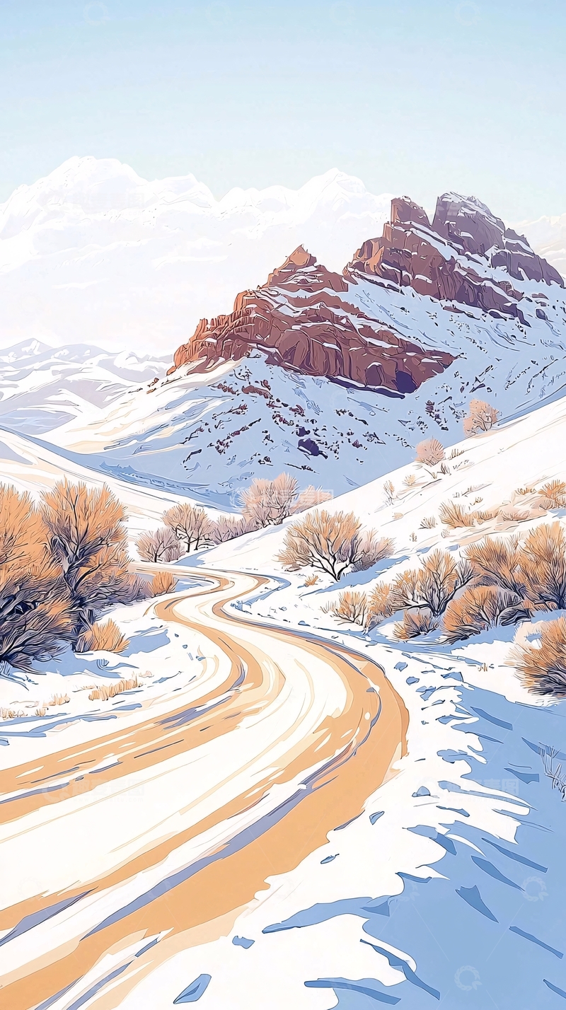 高清大图下载【趣麦麦图】雪地山间蜿蜒小路
