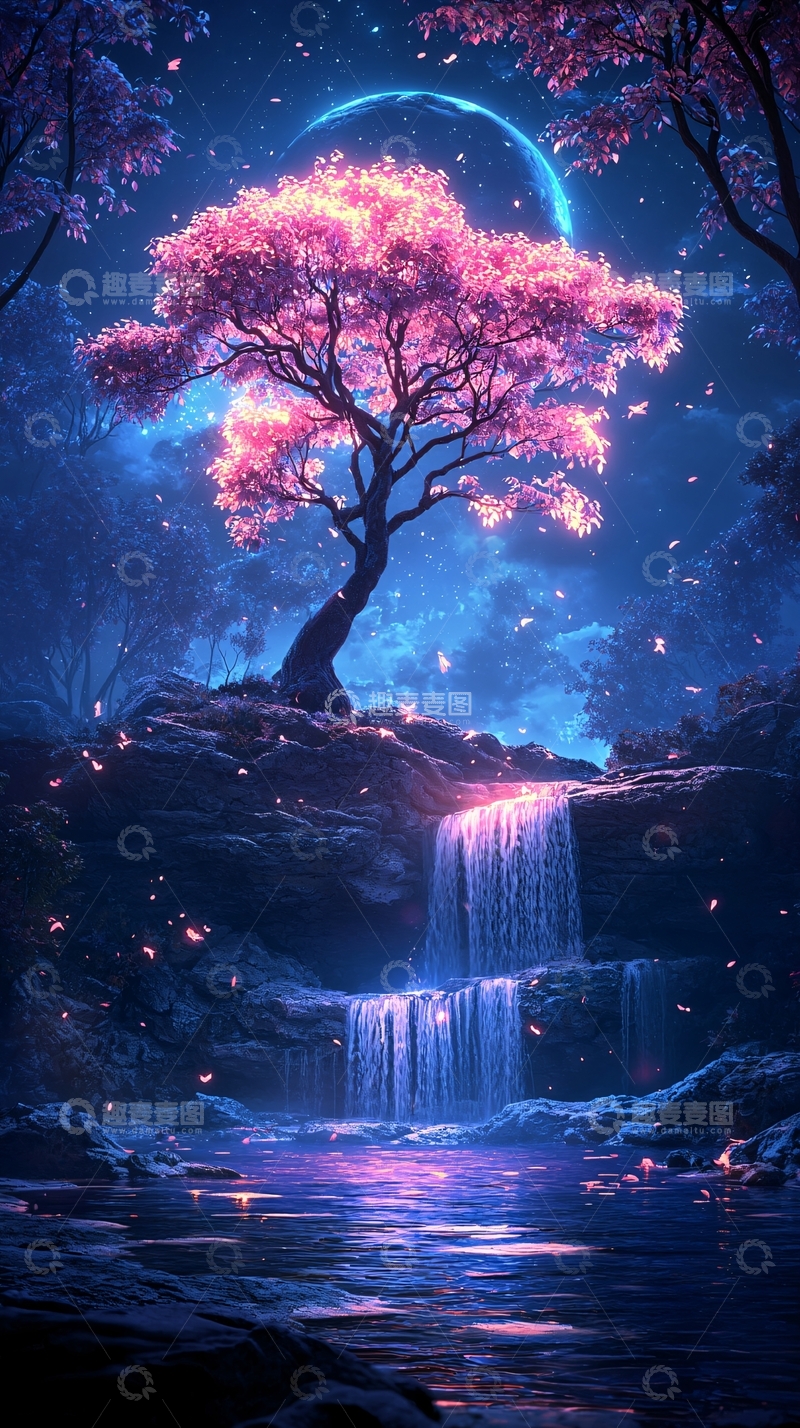 高清大图下载【趣麦麦图】梦幻夜景瀑布与发光树木