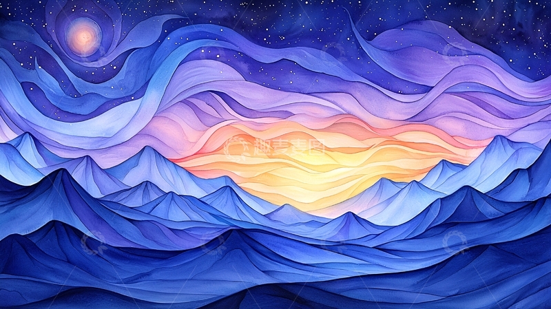 高清大图下载【趣麦麦图】梦幻山脉星空风景画