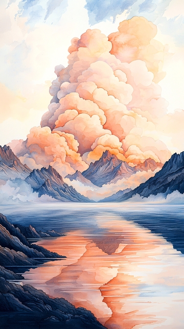 夕阳下的火山爆发与湖面倒影