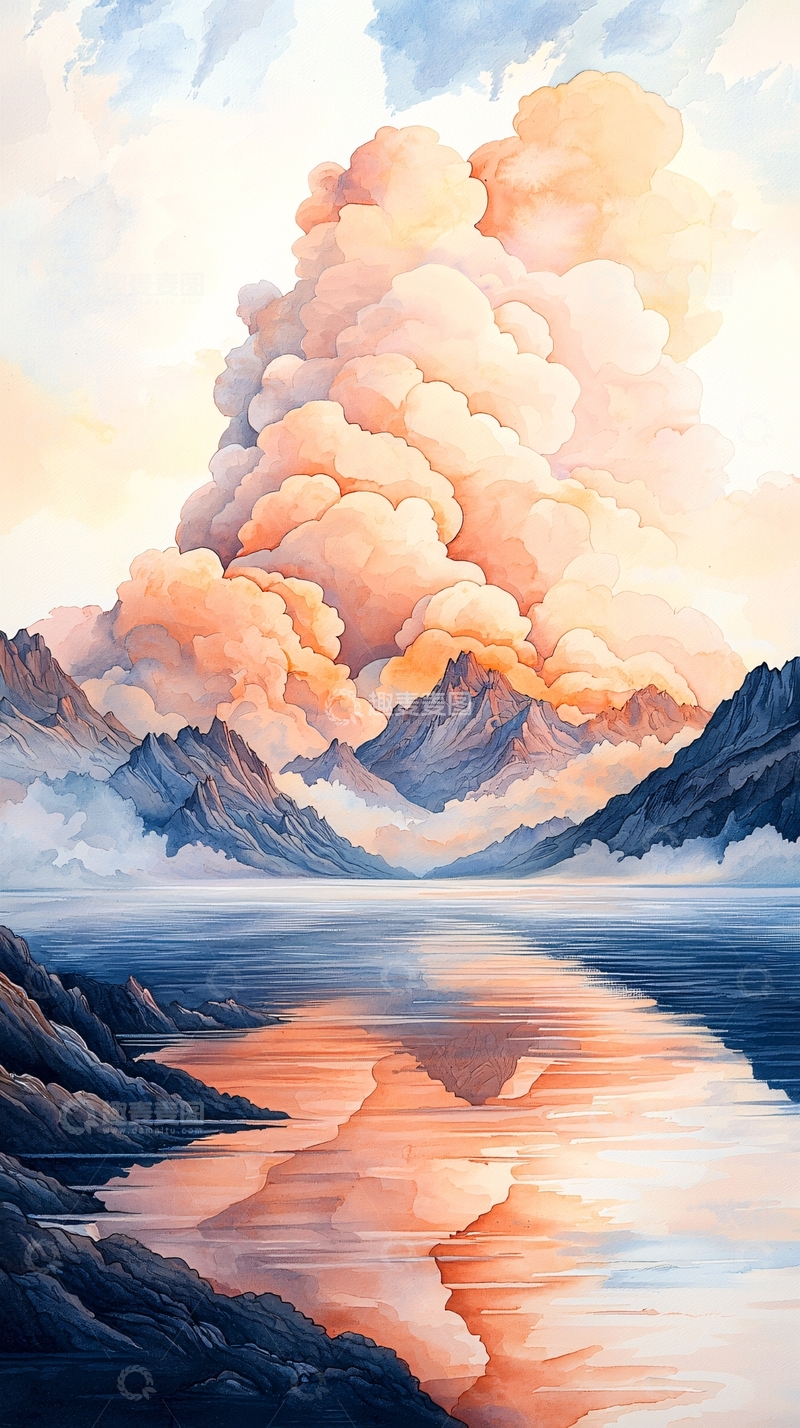 高清大图下载【趣麦麦图】夕阳下的火山爆发与湖面倒影