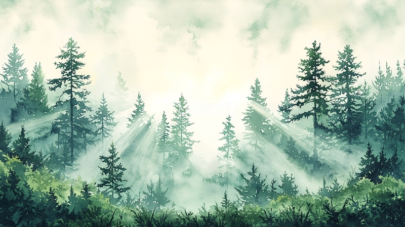 高清大图下载【趣麦麦图】晨雾中的松树林