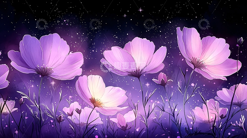 高清大图下载【趣麦麦图】梦幻紫色花朵星空背景
