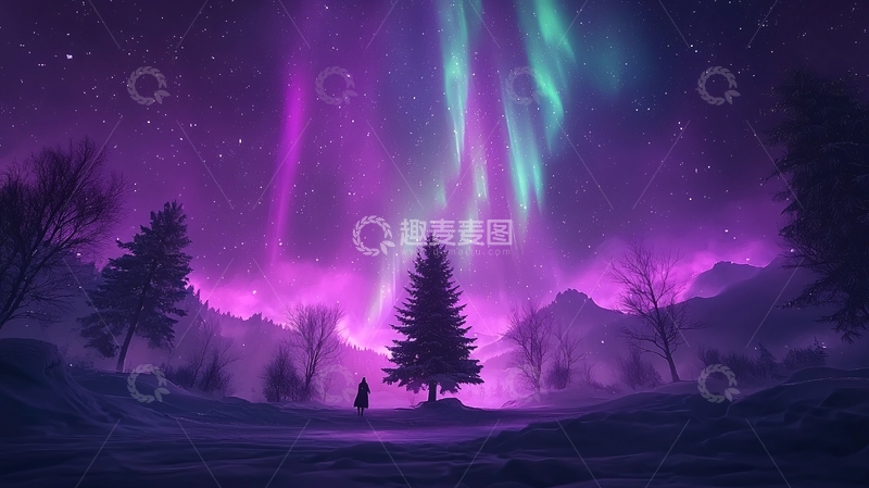 高清大图下载【趣麦麦图】极光下的雪地漫步