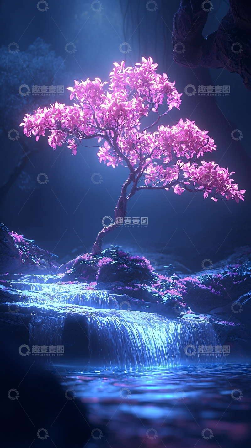 高清大图下载【趣麦麦图】梦幻瀑布下的紫色树影