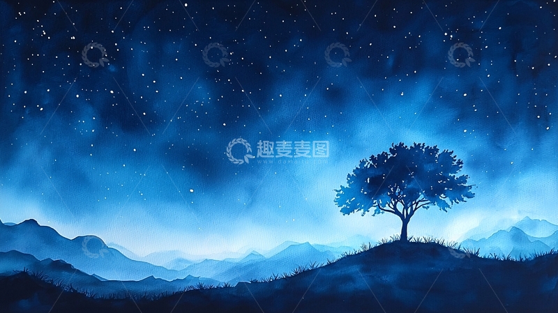 高清大图下载【趣麦麦图】夜空下的孤独树