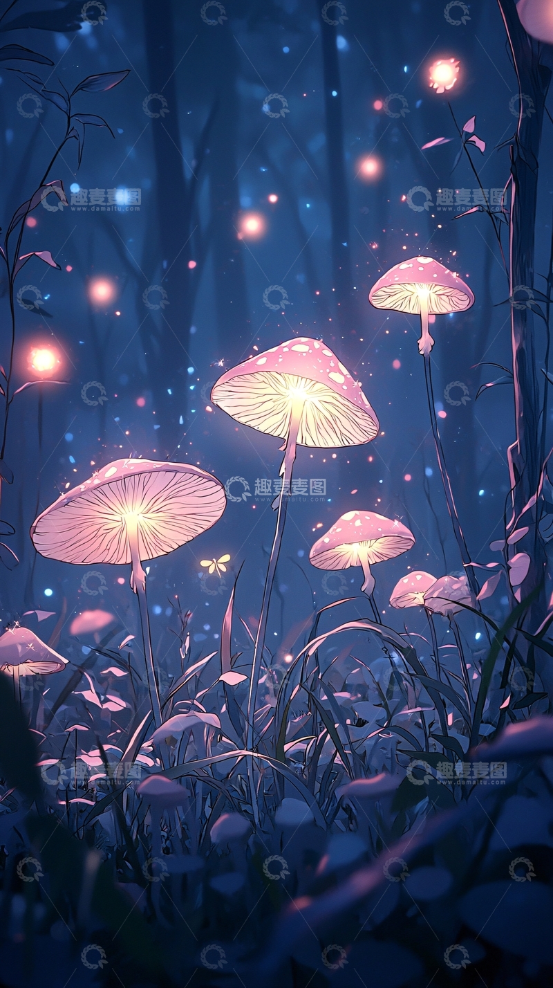 高清大图下载【趣麦麦图】梦幻森林中的发光蘑菇
