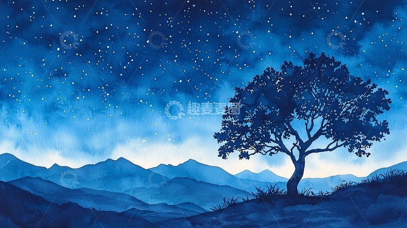 高清大图下载【趣麦麦图】夜空下的孤独树