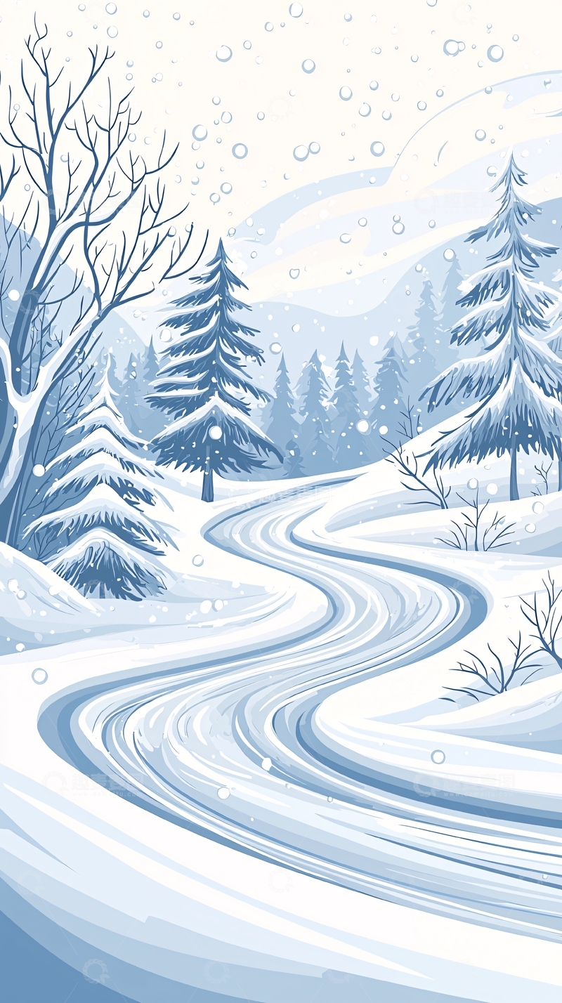 高清大图下载【趣麦麦图】冬日雪景小径插画