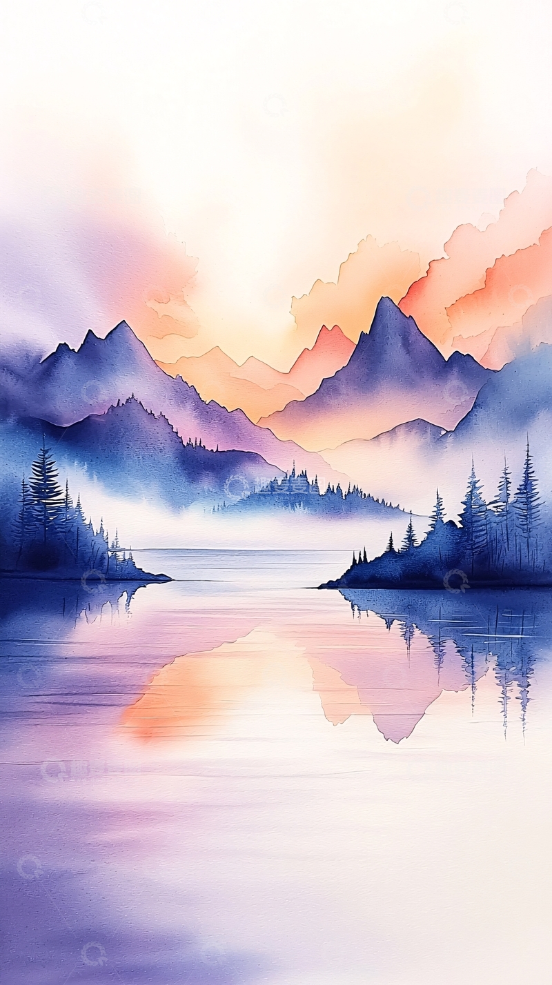 高清大图下载【趣麦麦图】梦幻山湖日出风景画