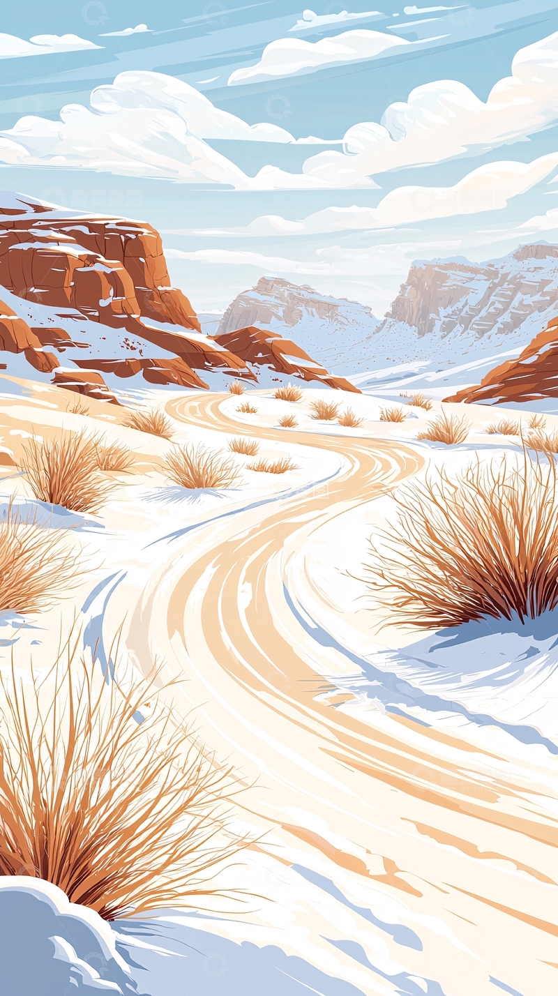 高清大图下载【趣麦麦图】雪地山间小径