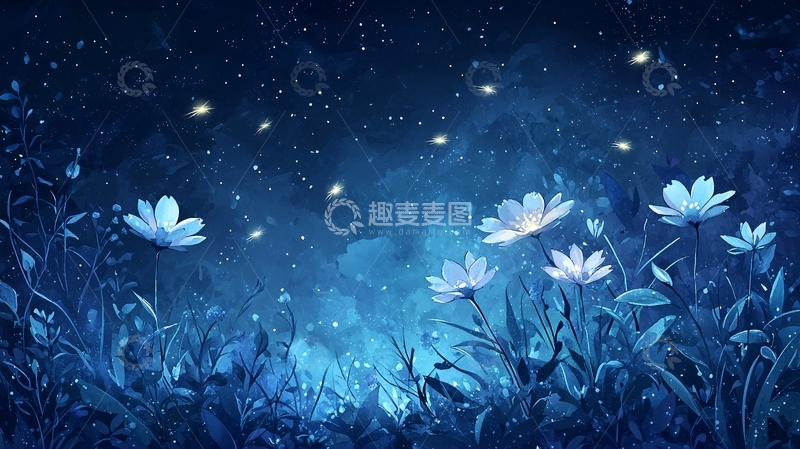 高清大图下载【趣麦麦图】蓝色夜空下的梦幻花朵