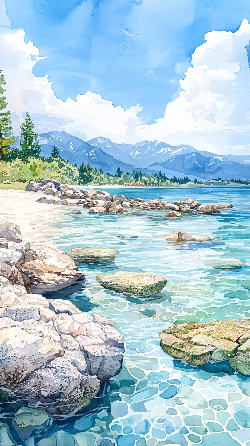 高清大图下载【趣麦麦图】清澈海滩上的岩石与远山