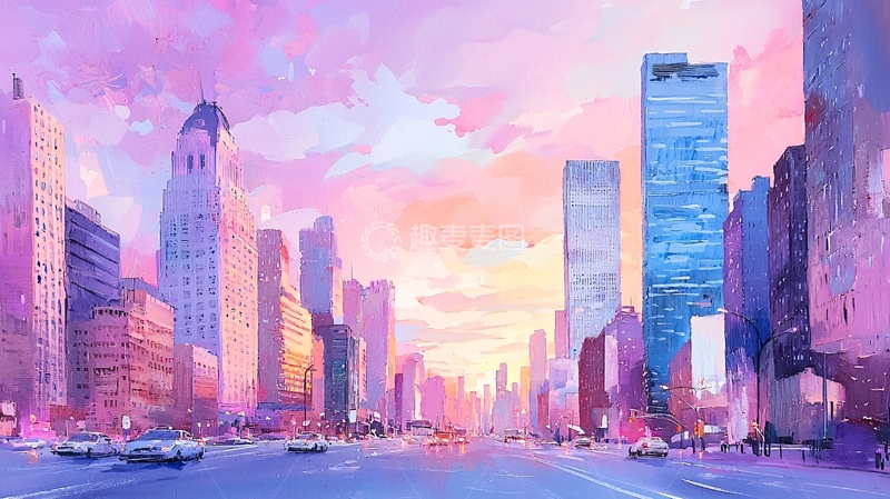 高清大图下载【趣麦麦图】梦幻城市日落街景