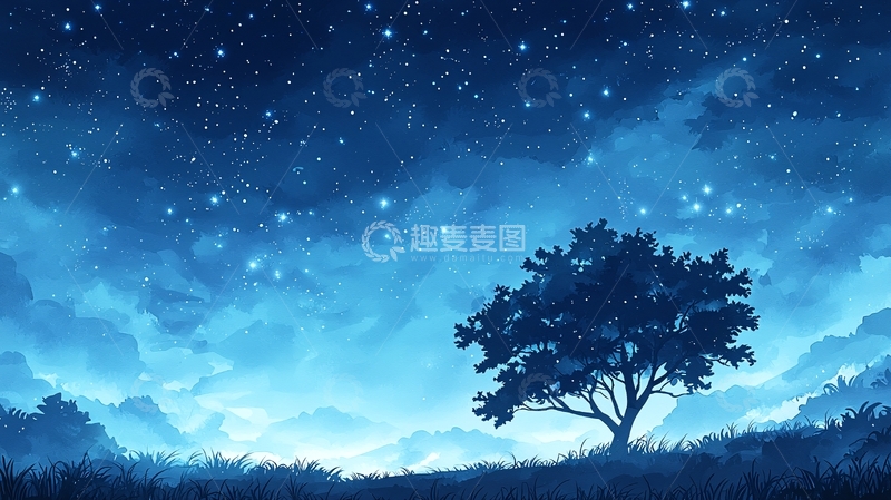高清大图下载【趣麦麦图】夜空下的孤独树