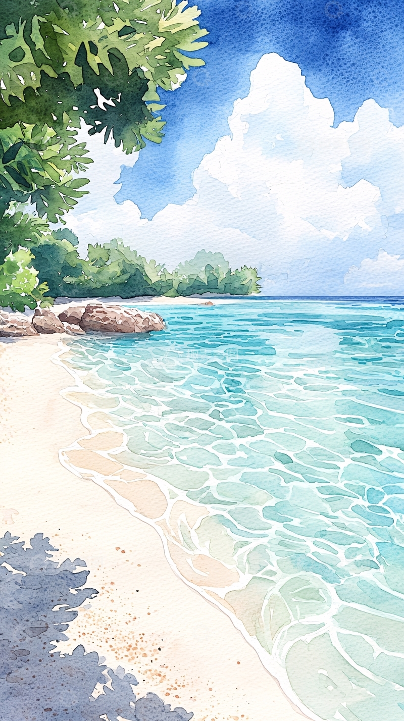 高清大图下载【趣麦麦图】热带海滩水彩画