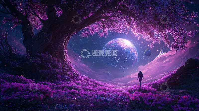 高清大图下载【趣麦麦图】梦幻紫色星球下的孤独旅者