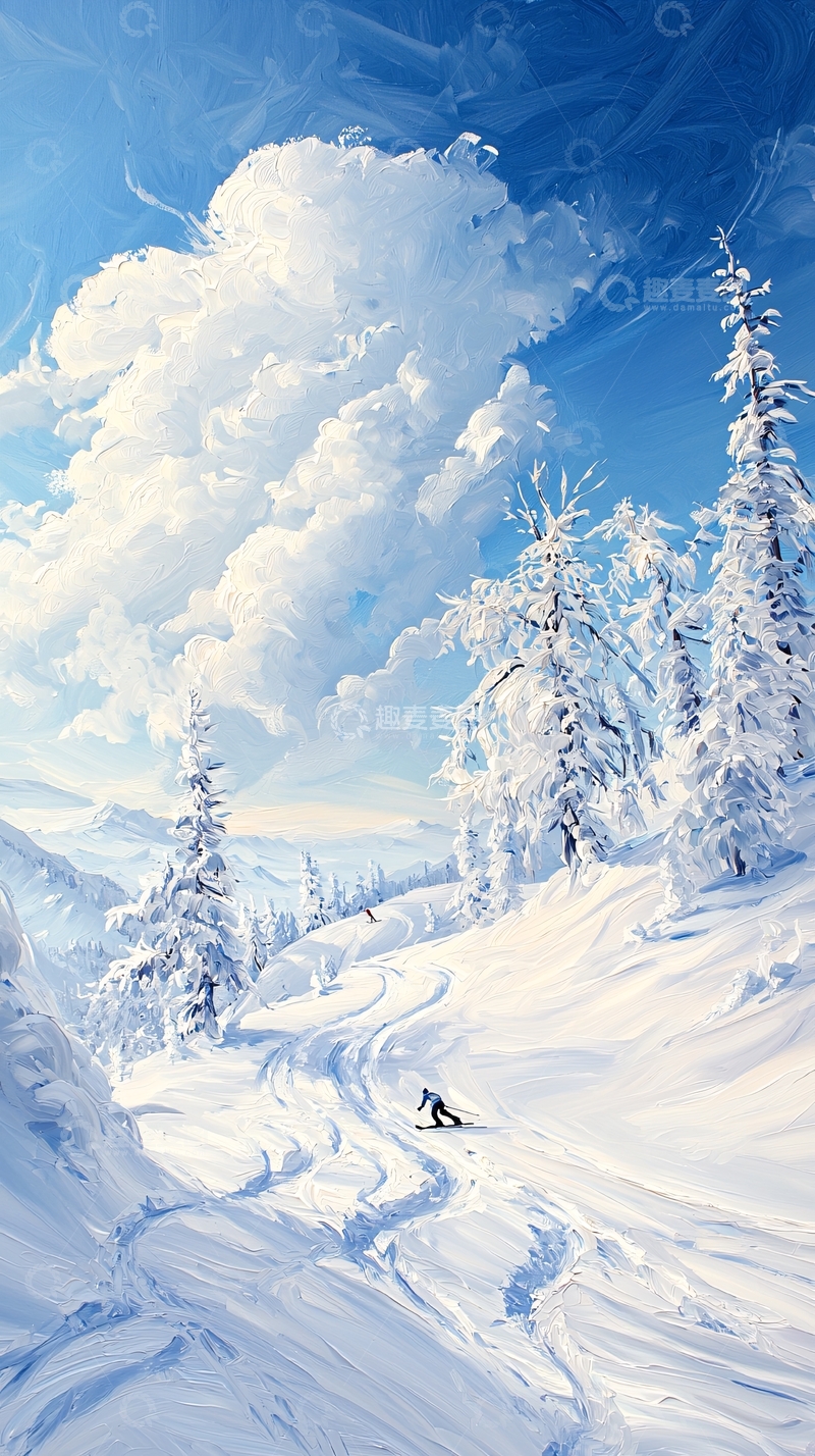 高清大图下载【趣麦麦图】冬日滑雪风景画