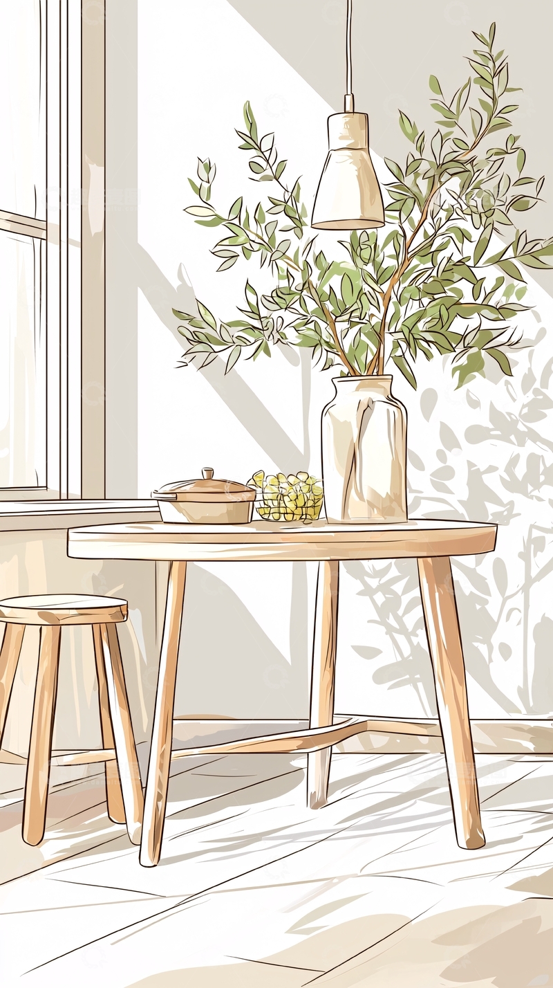 高清大图下载【趣麦麦图】温馨室内餐桌植物插画